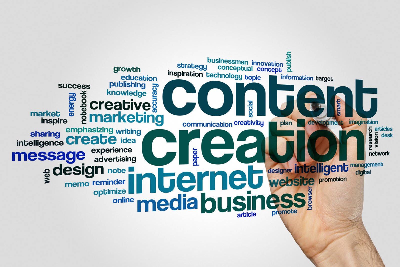 Content creation word cloud concept on grey background.